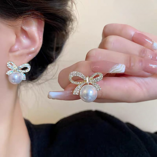 Bow Knot Pearl Earrings with Zircon