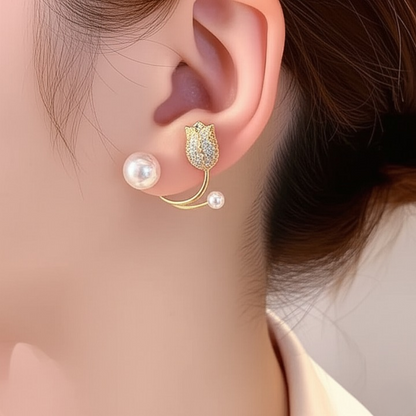 Pearl Zircon Korean Flower Earrings