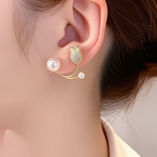 Pearl Zircon Korean Flower Earrings