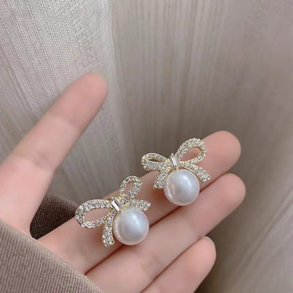 Bow Knot Pearl Earrings with Zircon