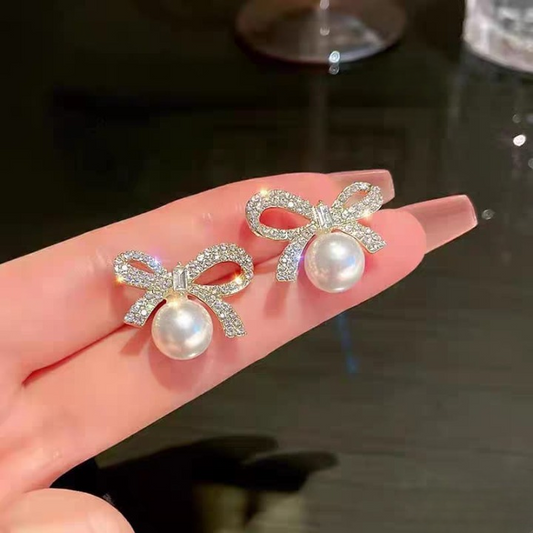 Bow Knot Pearl Earrings with Zircon