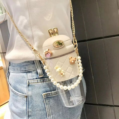 Cute Rabbit Ear Plastic Water Bottles With Straw