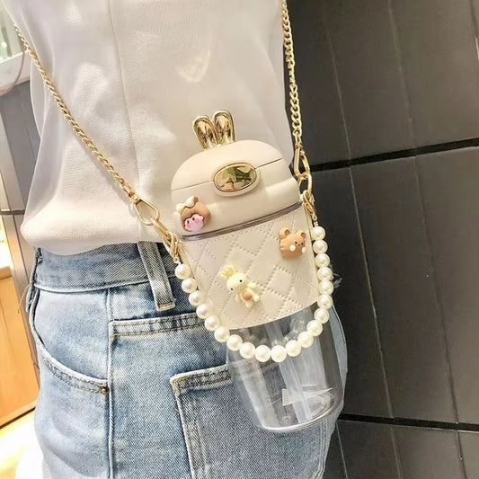 Cute Rabbit Ear Plastic Water Bottles With Straw