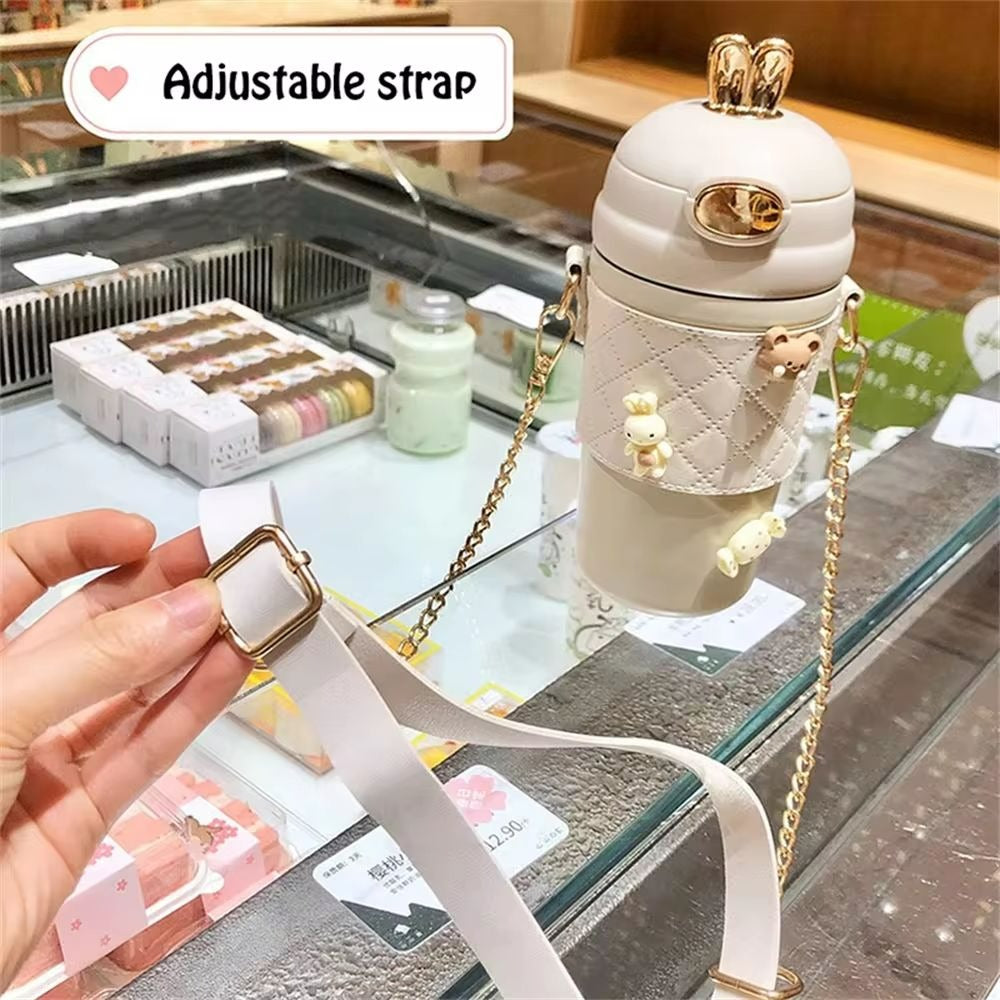 Cute Rabbit Ear Plastic Water Bottles With Straw