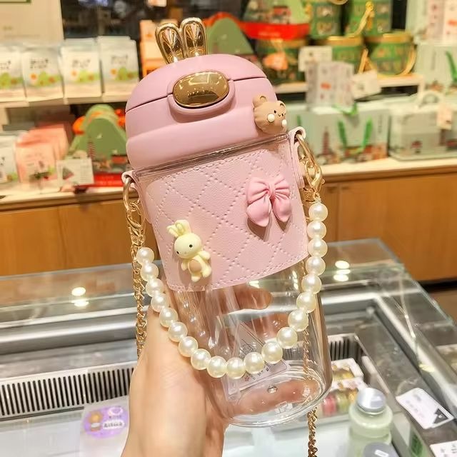 Cute Rabbit Ear Plastic Water Bottles With Straw