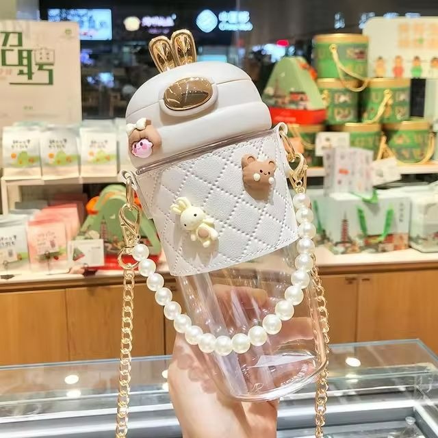 Cute Rabbit Ear Plastic Water Bottles With Straw