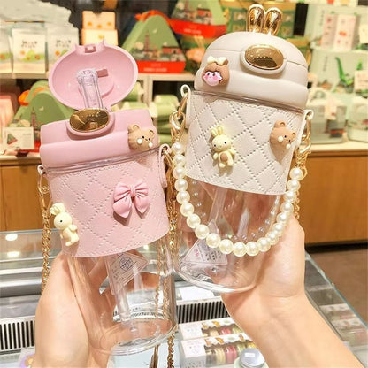 Cute Rabbit Ear Plastic Water Bottles With Straw
